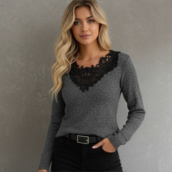 Sweaters - Black Glitter Guipure Lace Sweater